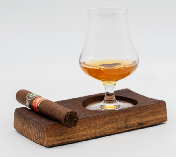 Whisky-Glas-Halter Flight Tray mit Zigarrenablage aus Whisky-Fassdauben